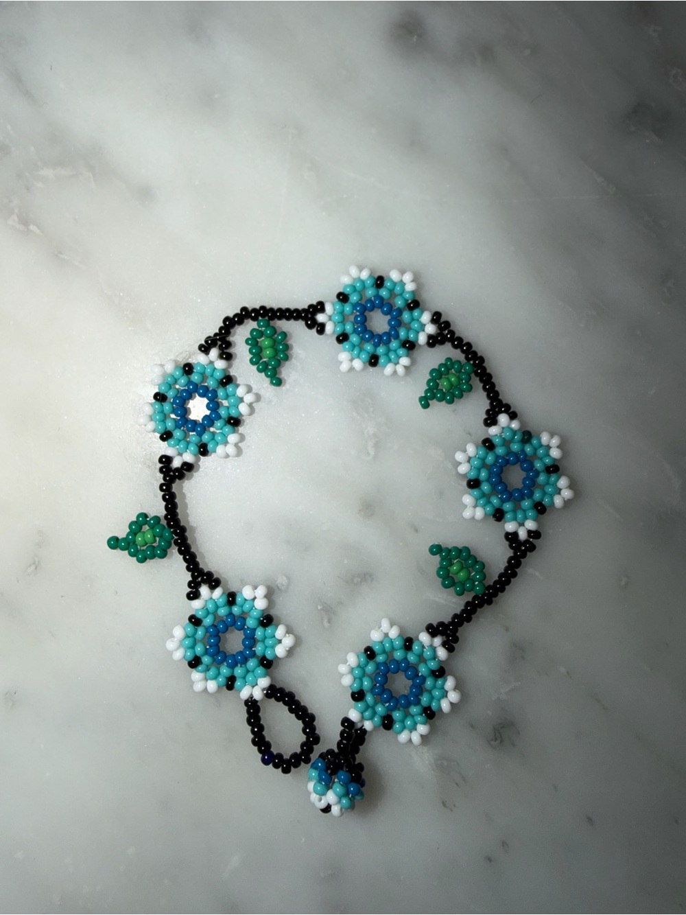 Handmade Blue & White Beaded Floral Bracelet